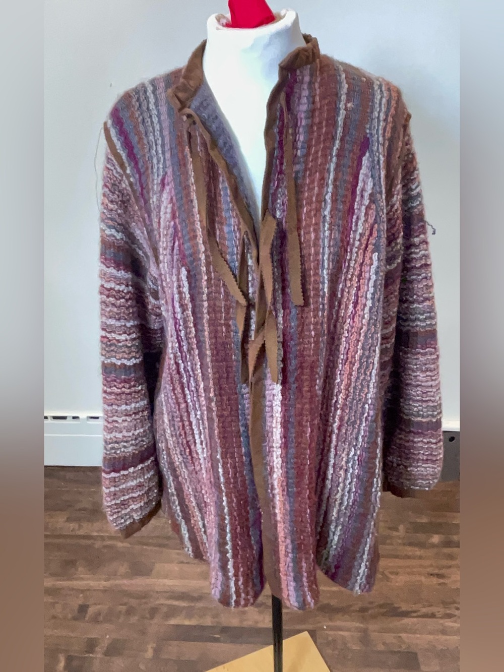 Vintage Striped Open-Front Cardigan Sweater in Mauve and Brown - made in England